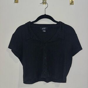 Black Ribbed Button-Up Crop Top